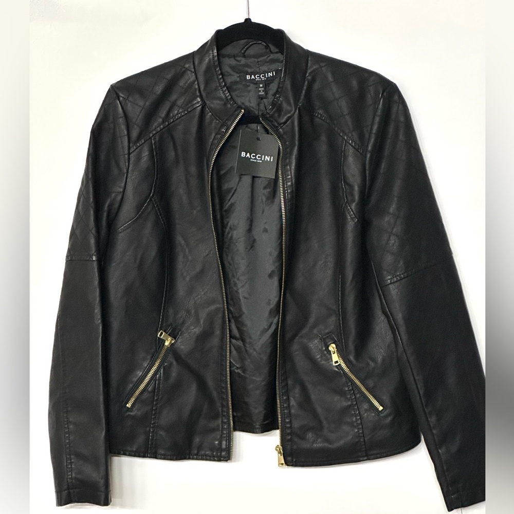 Baccini‎ Black Faux Vegan Leather Moto Biker Jacket size Medium